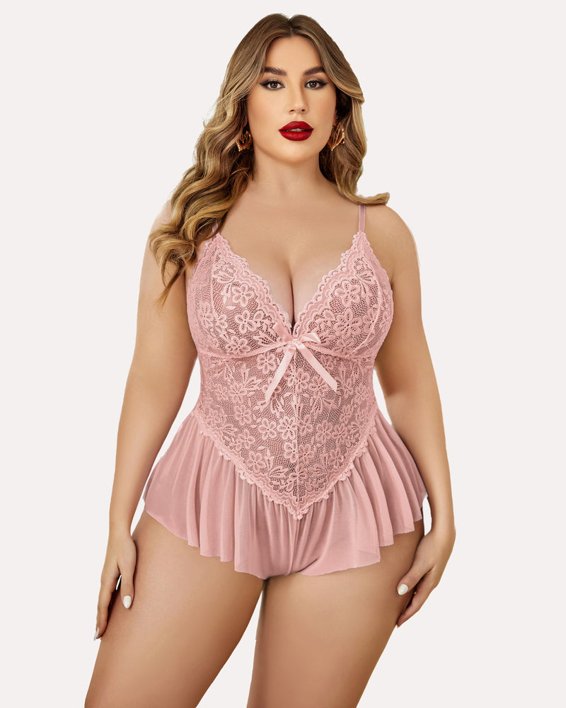 Plus size pink lace teddy, adjustable straps, ruffle trim. Sexy, flattering lingerie for women.