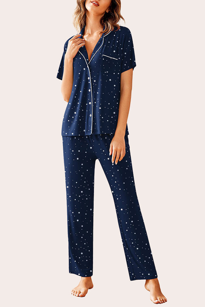 Navy blue notch collar soft pajamas set with white stars, featuring button-down top and long pants.