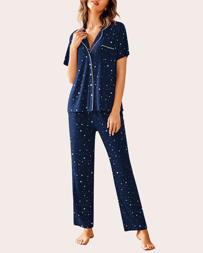 Navy star print notch collar pajamas set. Soft, comfy sleepwear with white trim for women.