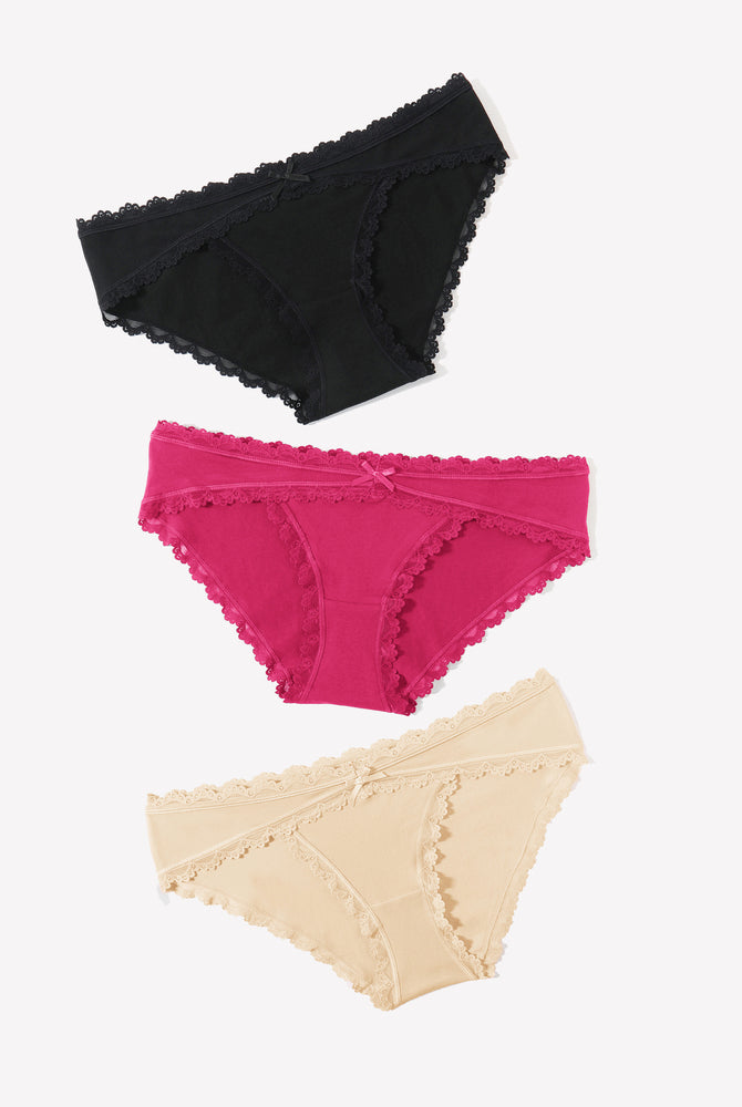 Cotton hipster panties in black, pink, and beige with lace trim and bow detail