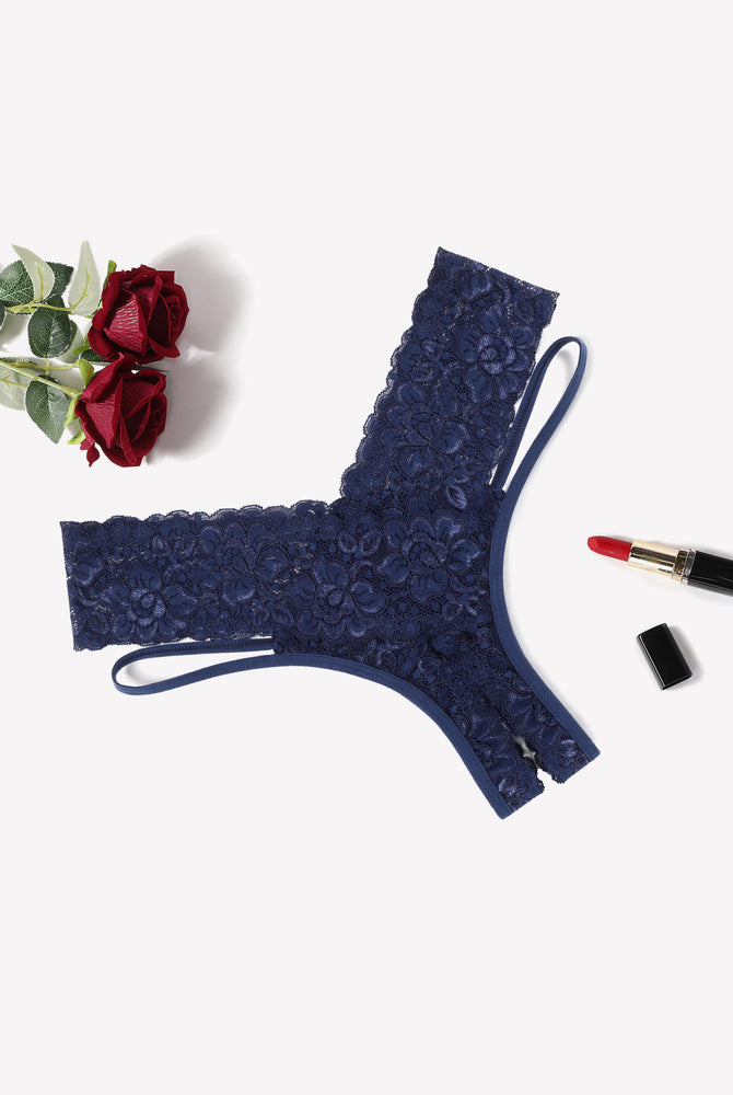 Avidlove navy blue lace V-shape cheeky panties. Low-rise design. Sexy lingerie with red roses.