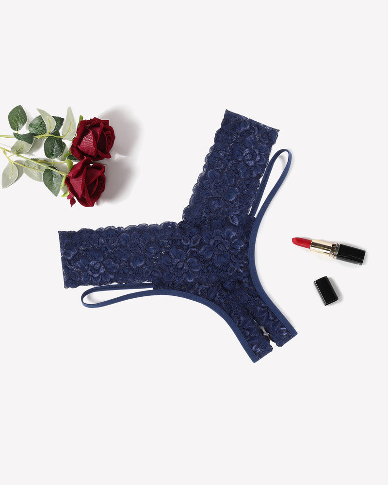 Avidlove navy blue lace V-shape cheeky panties. Low-rise design. Sexy lingerie with red roses.