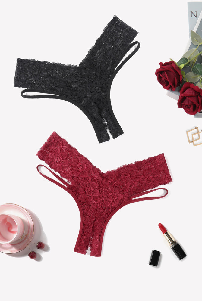 Avidlove Lace Cheeky Panties in black and burgundy. Low-rise, V-shape design. Sexy lingerie.