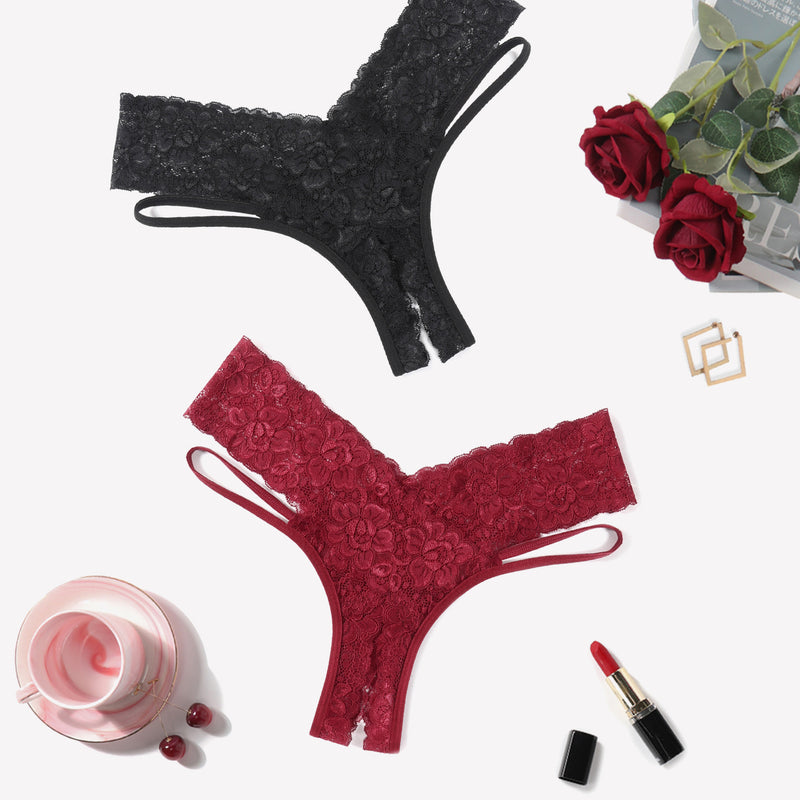 Avidlove Lace Cheeky Panties in black and burgundy. Low-rise, V-shape design. Sexy lingerie.
