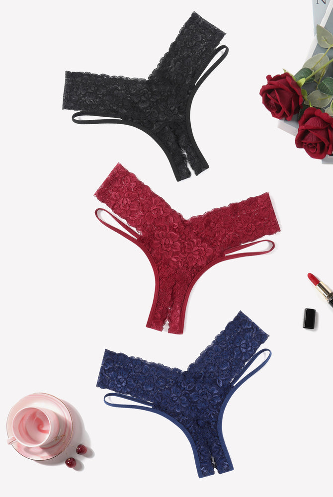 Lace Cheeky Panties by Avidlove in black, burgundy, navy. Low-rise, V-shape design.