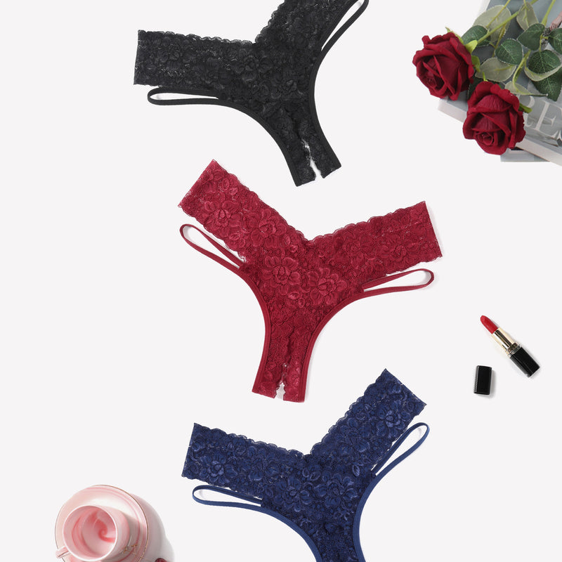Lace Cheeky Panties by Avidlove in black, burgundy, navy. Low-rise, V-shape design.