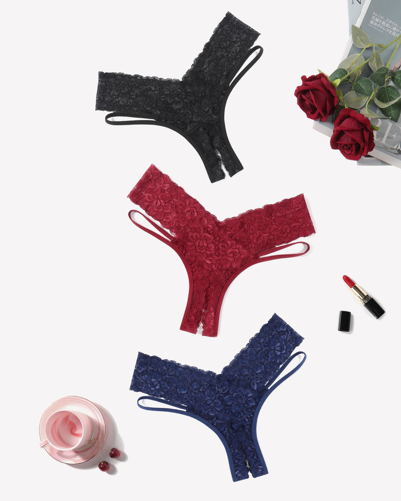 Lace Cheeky Panties by Avidlove in black, burgundy, navy. Low-rise, V-shape design.