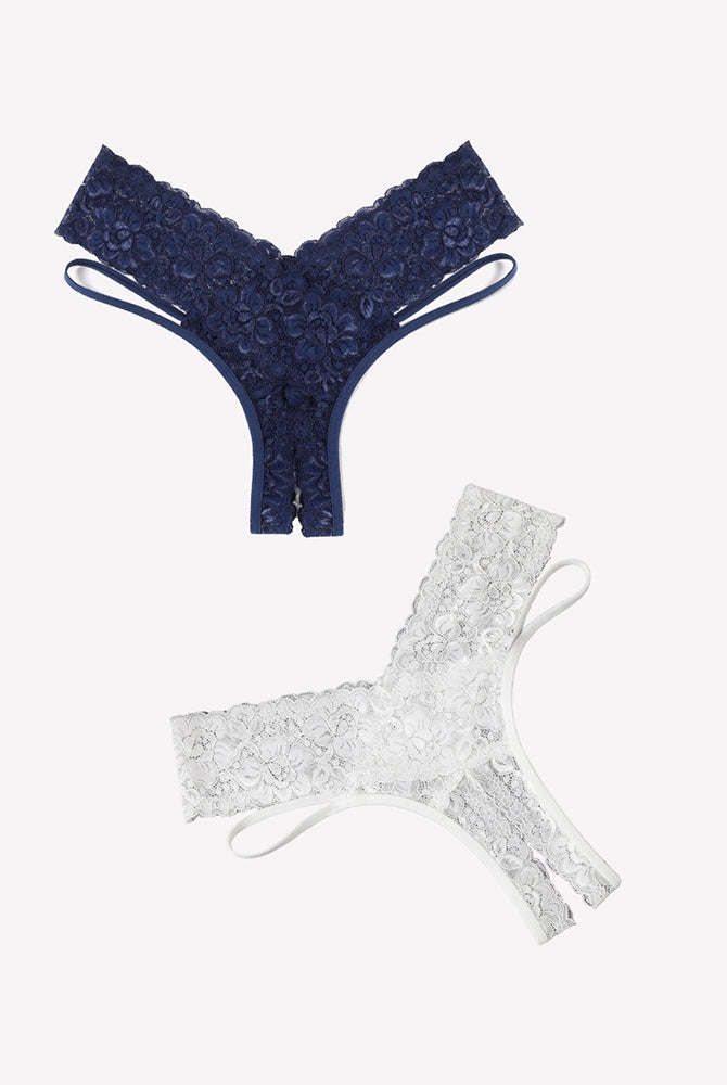 Avidlove navy blue and white lace V-shape cheeky panties. Low-rise design, sexy lingerie.