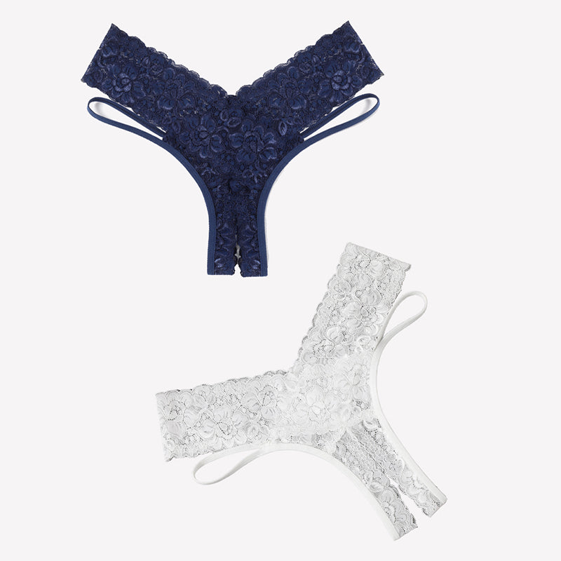 Avidlove navy blue and white lace V-shape cheeky panties. Low-rise design, sexy lingerie.