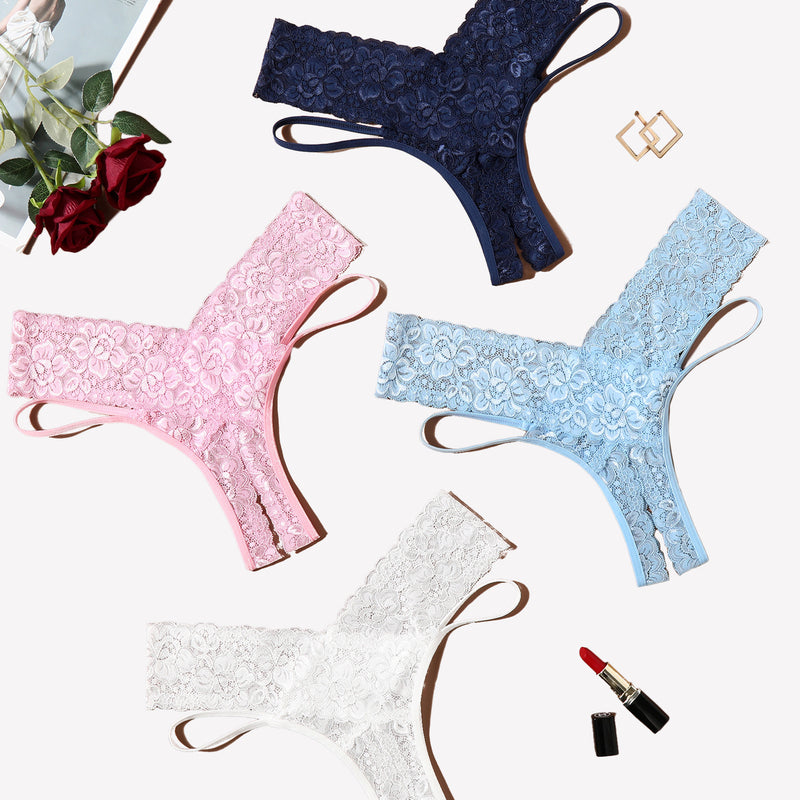 Avidlove Lace Cheeky Panties in navy, pink, light blue, and white. Low-rise, V-shape lace design.