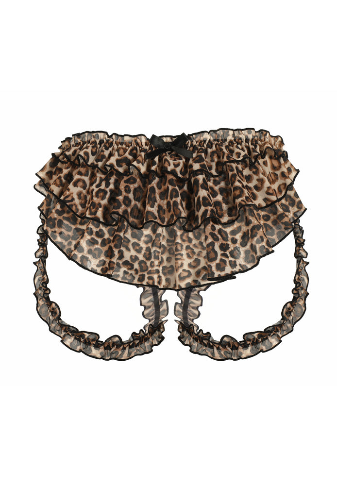 Leopard print ruffle high-waist underwear with tie accents and scalloped mesh trim