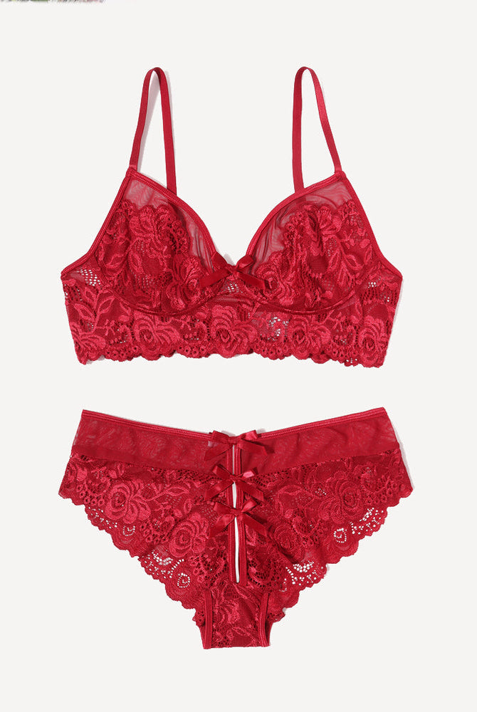 Red lace bra and panty set with bow detail for women. Avidlove sexy lingerie outfit.