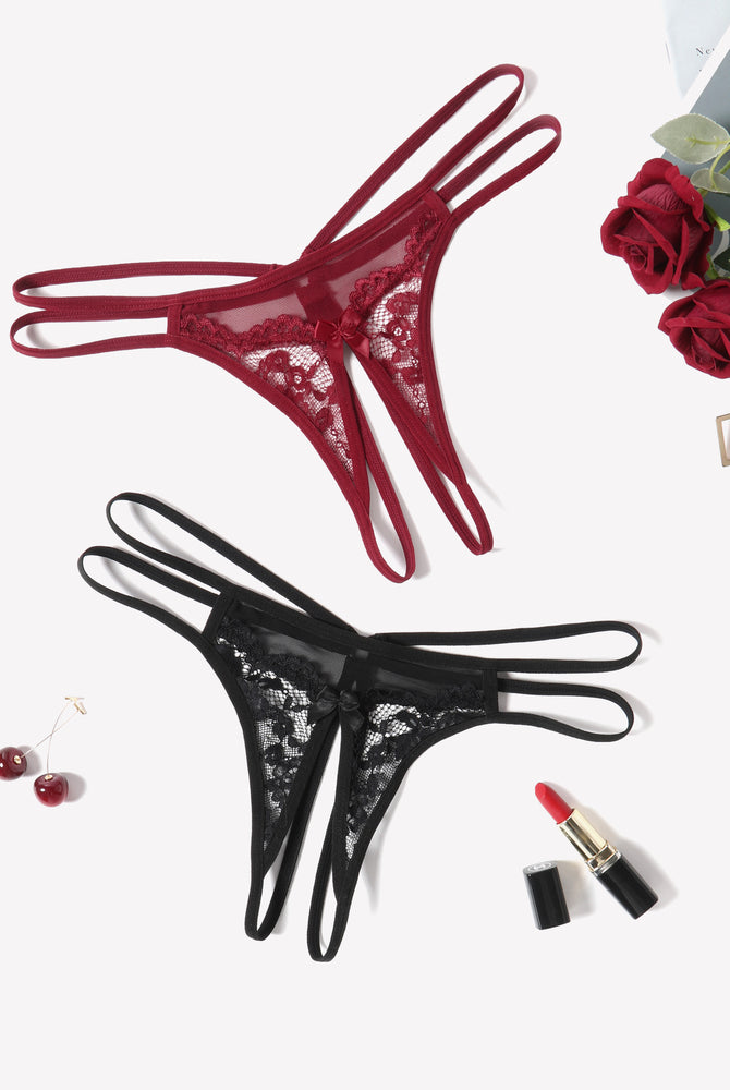 Burgundy and black floral lace G-string panties with bow detail, sexy lingerie for women
