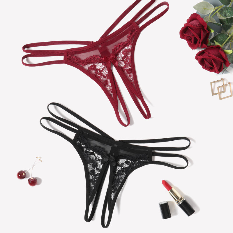 Burgundy and black floral lace G-string panties with bow detail, sexy lingerie for women