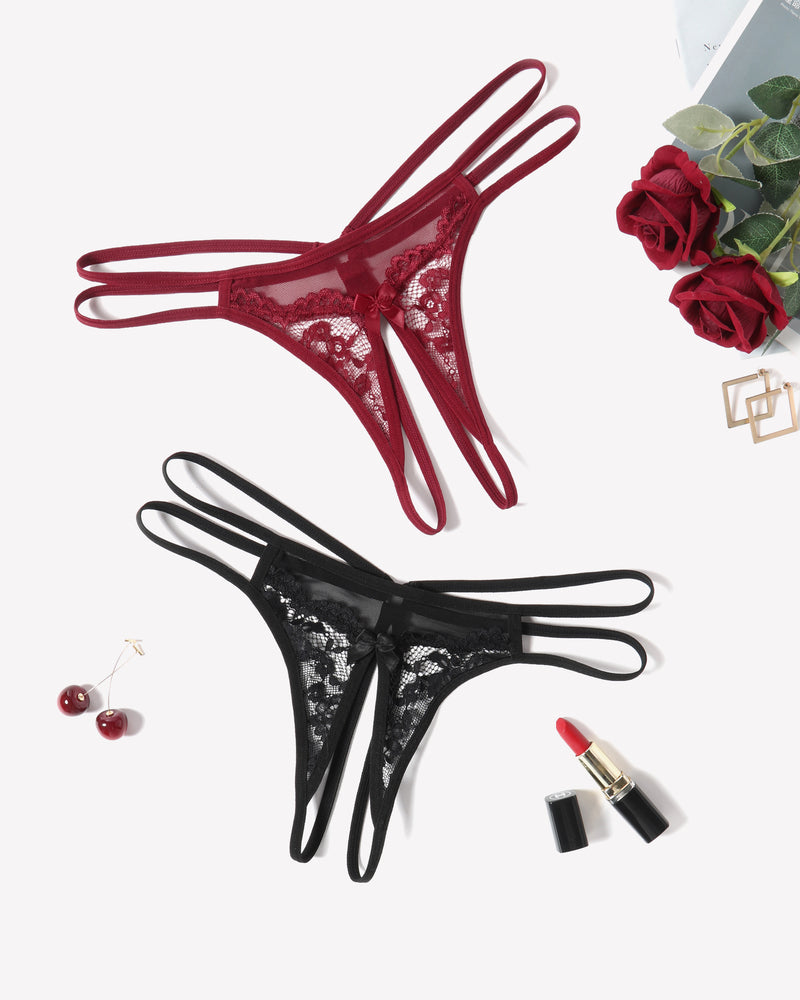 Burgundy and black floral lace G-string panties with bow detail, sexy lingerie for women