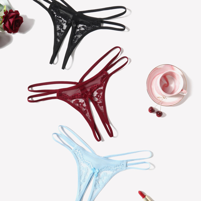 Floral lace G-string panties in black, burgundy, and light blue. Sexy lingerie with delicate lace.