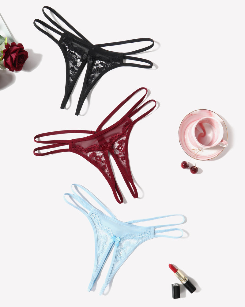 Floral lace G-string panties in black, burgundy, and light blue. Sexy lingerie with delicate lace.