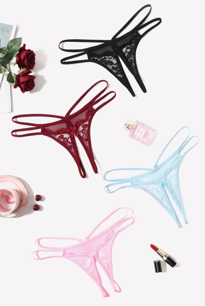 Lace G-string lingerie in black, burgundy, light blue, and pink. Sexy floral panties.