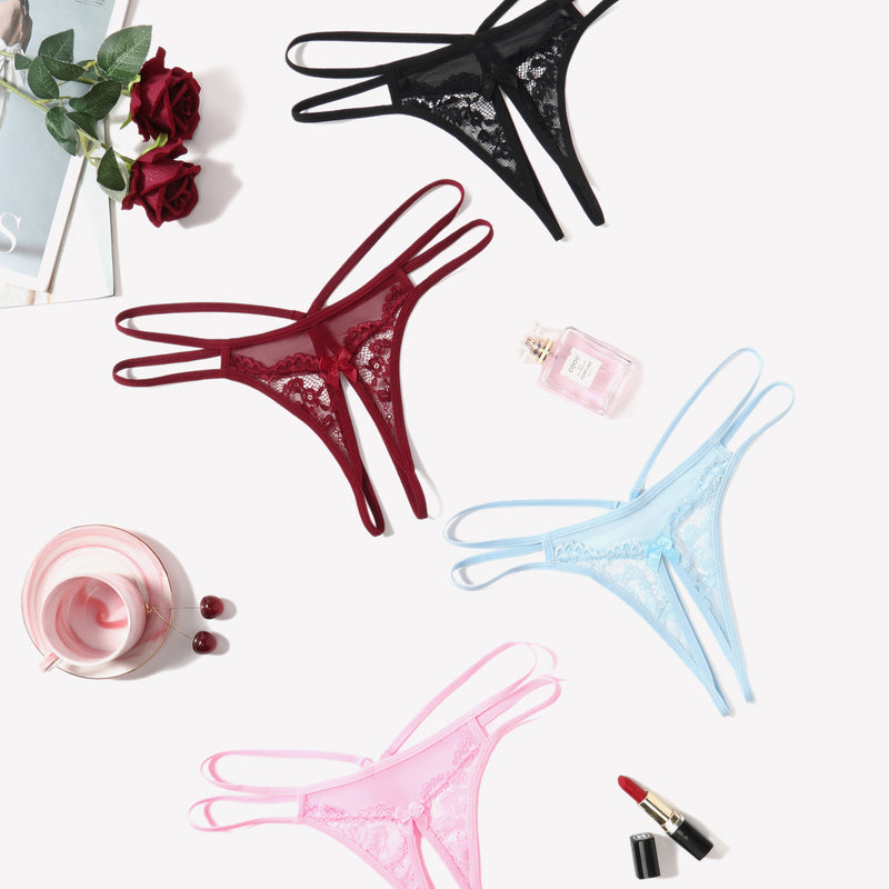 Lace G-string lingerie in black, burgundy, light blue, and pink. Sexy floral panties.