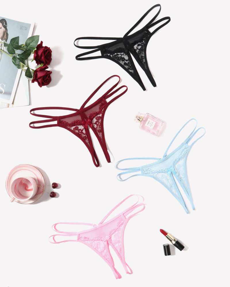 Lace G-string lingerie in black, burgundy, light blue, and pink. Sexy floral panties.