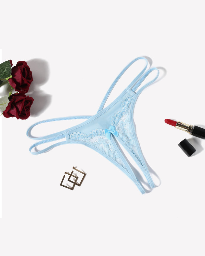 Light blue floral lace G-string panty with open design, bow detail, sexy lingerie for women