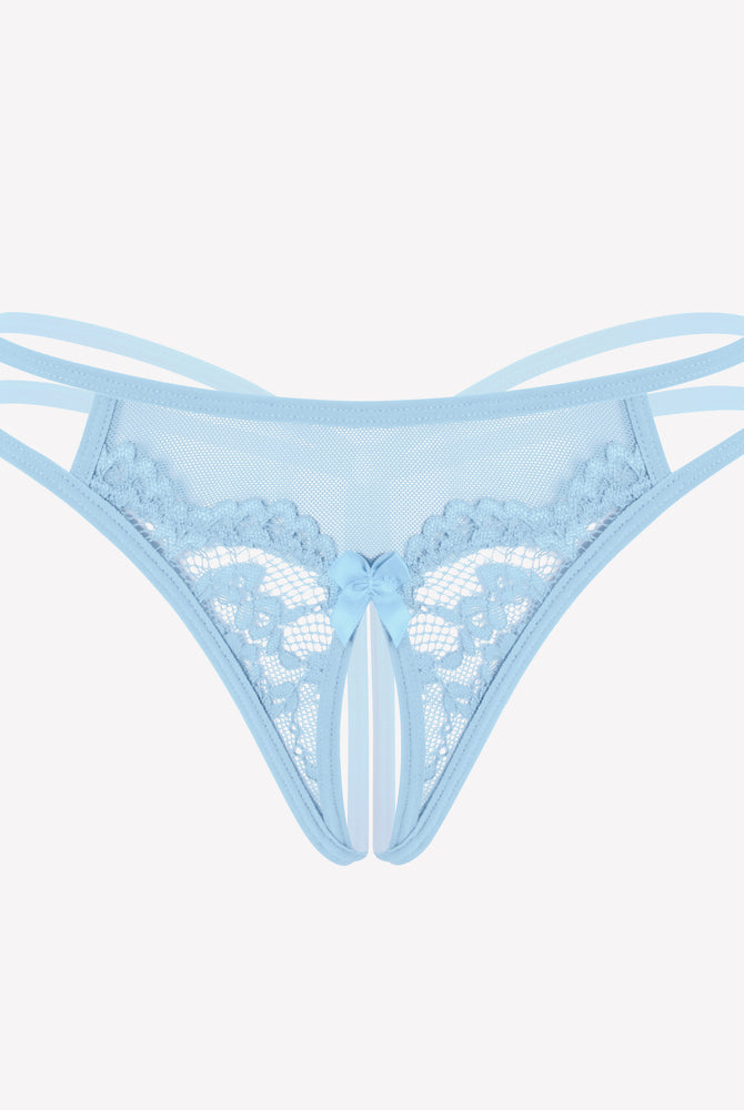 Light blue floral lace G-string panty with open design and bow detail, sexy lingerie