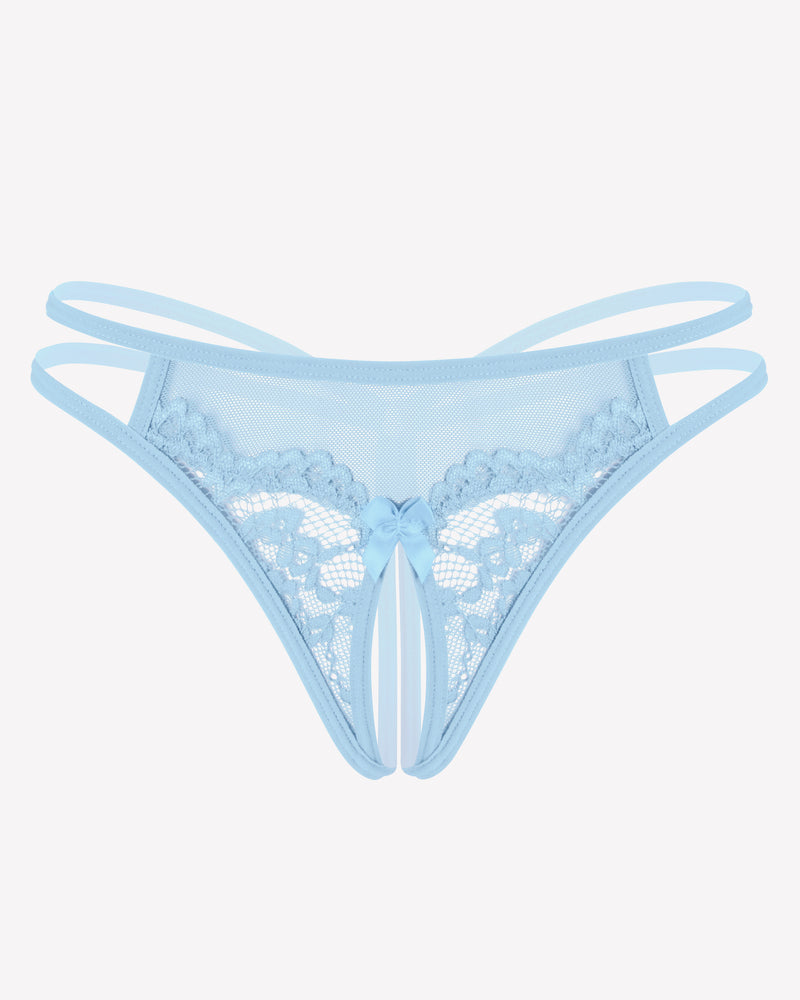 Light blue floral lace G-string panty with open design and bow detail, sexy lingerie