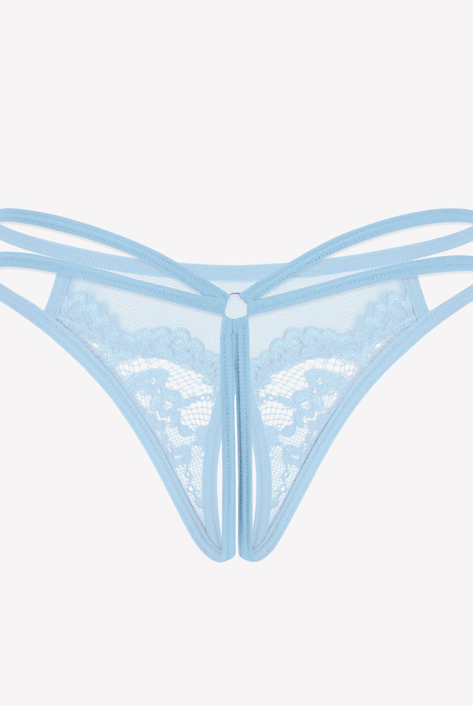 Light blue floral lace G-string panties with open design, sexy lingerie for women