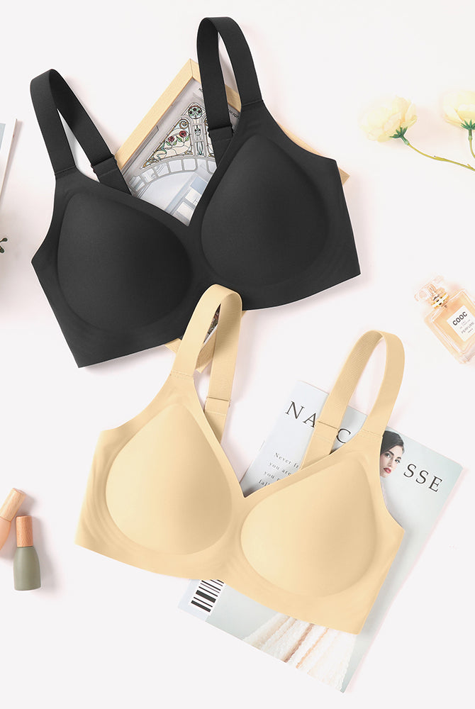 Black and beige seamless push-up wireless bras. Full coverage, comfortable support.