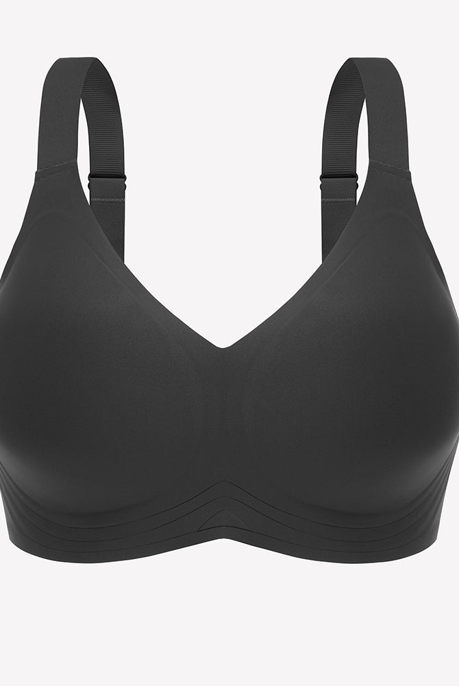 Black seamless push-up wireless bra, full coverage, comfortable support, wide straps