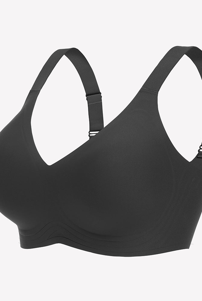 Black seamless push-up wireless bra with wide straps, full coverage, and comfortable support