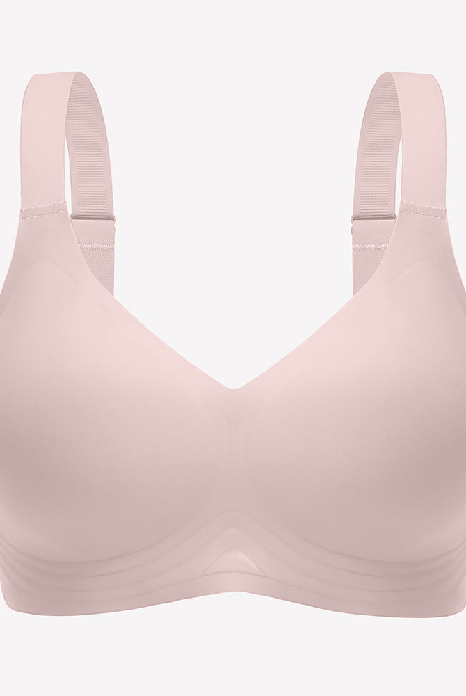 Seamless push-up wireless bra in light pink, full coverage, wide straps for comfort and support