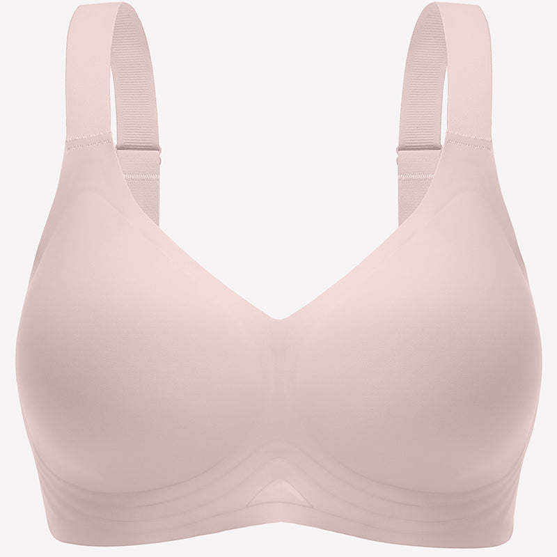 Seamless push-up wireless bra in light pink, full coverage, wide straps for comfort and support
