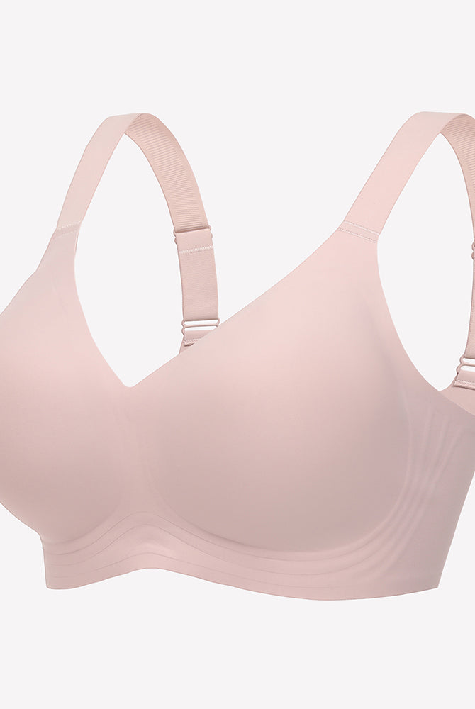 Light pink seamless push-up wireless bra with wide straps, full coverage, and comfortable support
