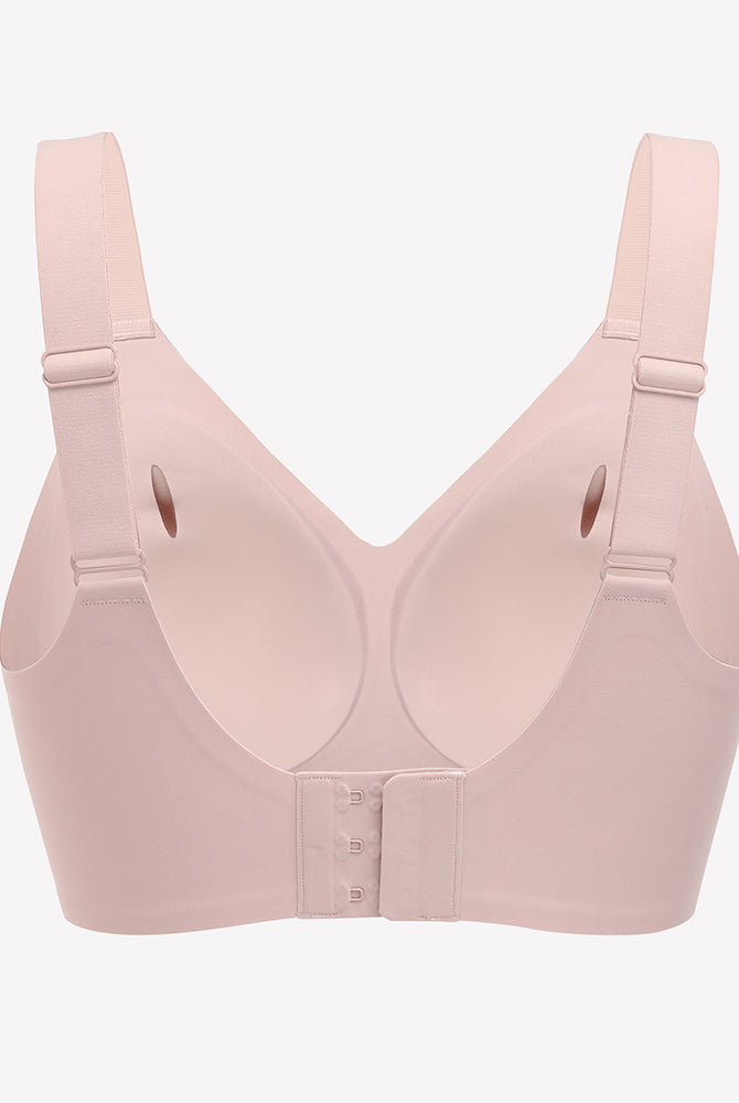Light pink seamless push-up wireless bra, full coverage, wide straps, comfortable support, back view