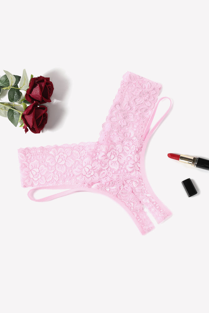 Pink Avidlove lace V-shape cheeky panties, low-rise, sexy lingerie, with red roses and lipstick