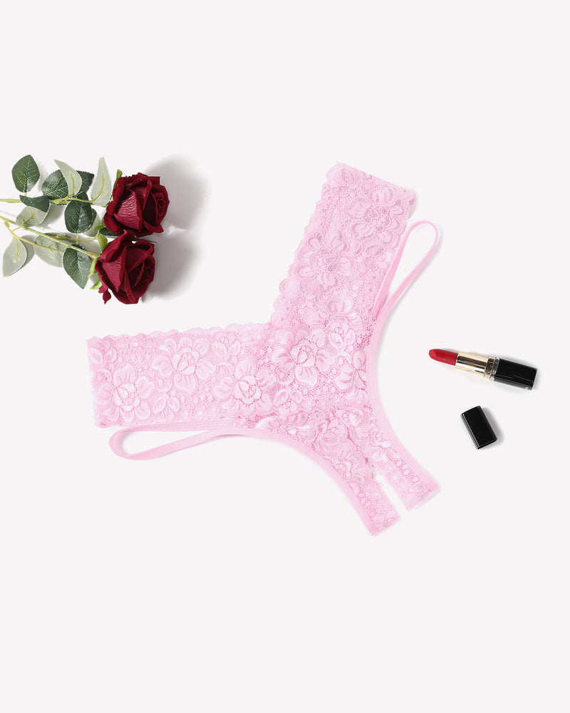 Pink Avidlove lace V-shape cheeky panties, low-rise, sexy lingerie, with red roses and lipstick