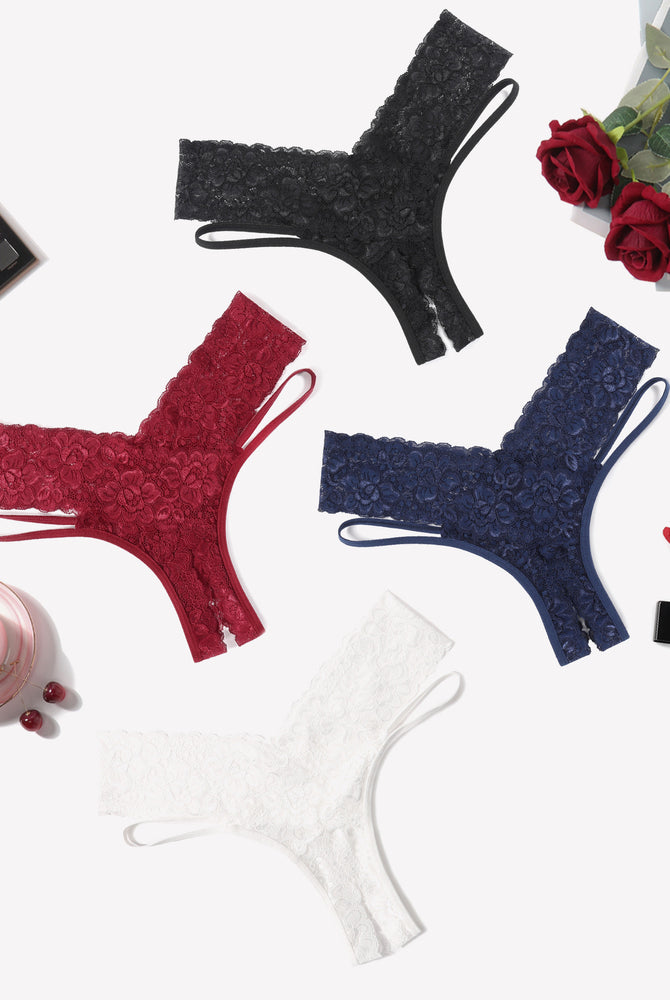 Avidlove Lace Cheeky Panties in various colors: black, burgundy, navy, and white, low-rise design