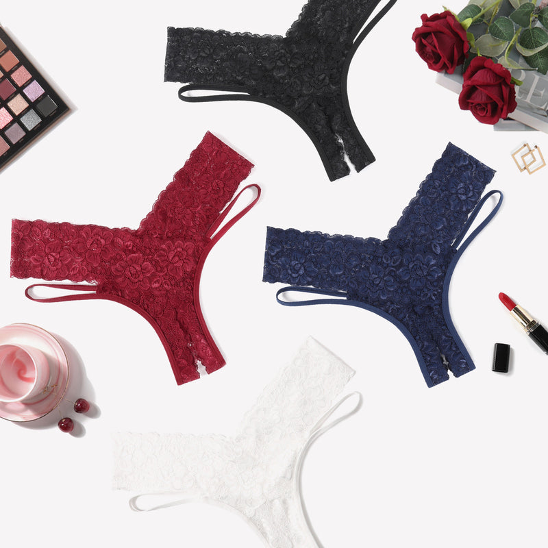 Avidlove Lace Cheeky Panties in various colors: black, burgundy, navy, and white, low-rise design