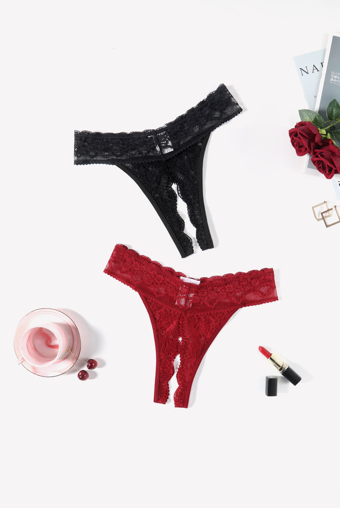 Black and red lace low rise T-back hipster thongs, perfect for many occasions, flirty panties