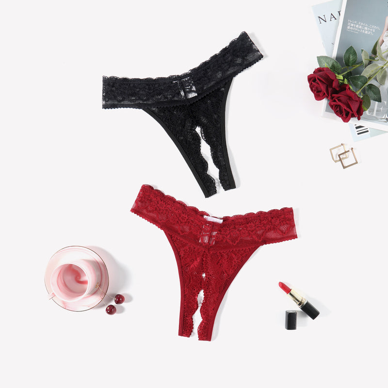 Black and red lace low rise T-back hipster thongs, perfect for many occasions, flirty panties
