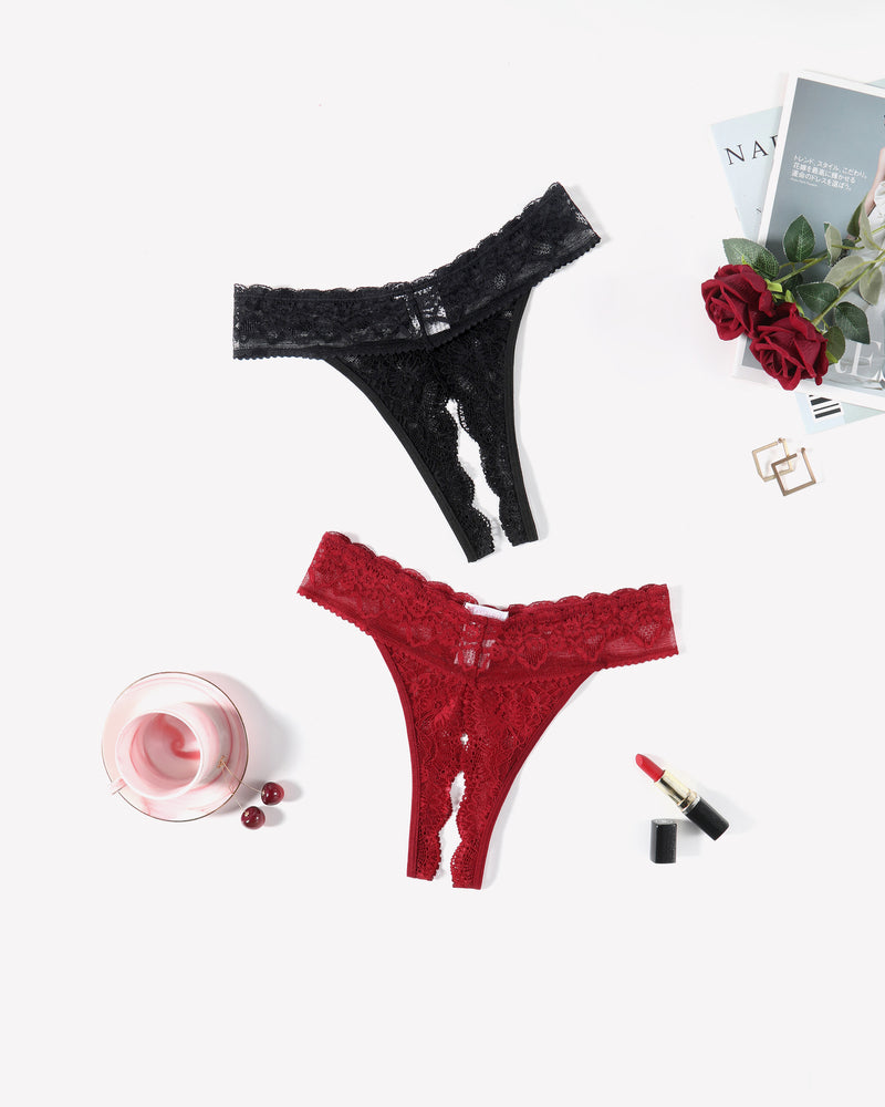 Black and red lace low rise T-back hipster thongs, perfect for many occasions, flirty panties