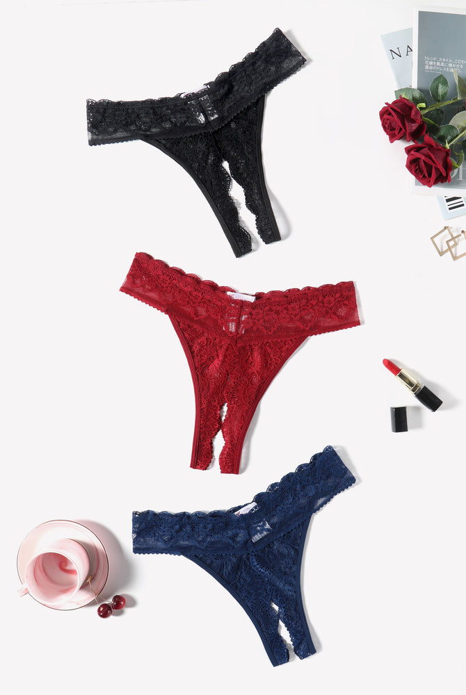 Low Rise T Back Hipster Thong in Black, Red, and Navy Blue Lace
