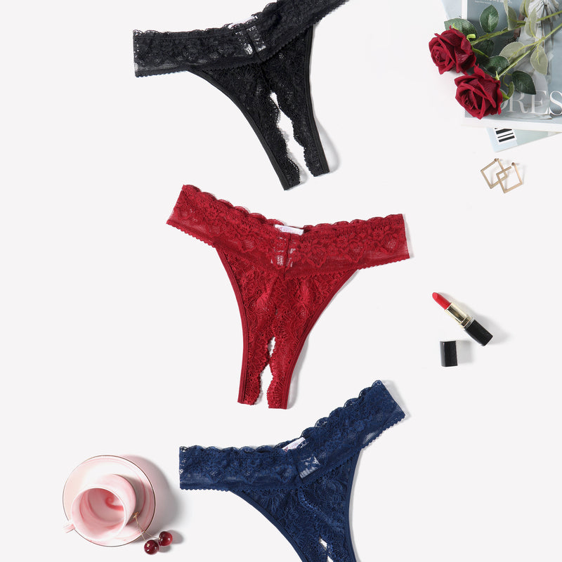 Low Rise T Back Hipster Thong in Black, Red, and Navy Blue Lace