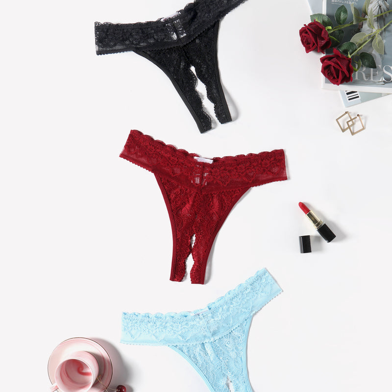 Low Rise T Back Hipster Thong in Black, Red, and Light Blue Lace