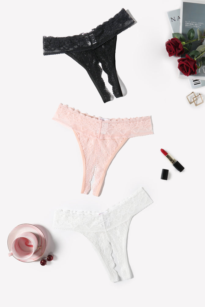 Low Rise T Back Hipster Thong in Black, Pink, and White Lace, perfect for many occasions