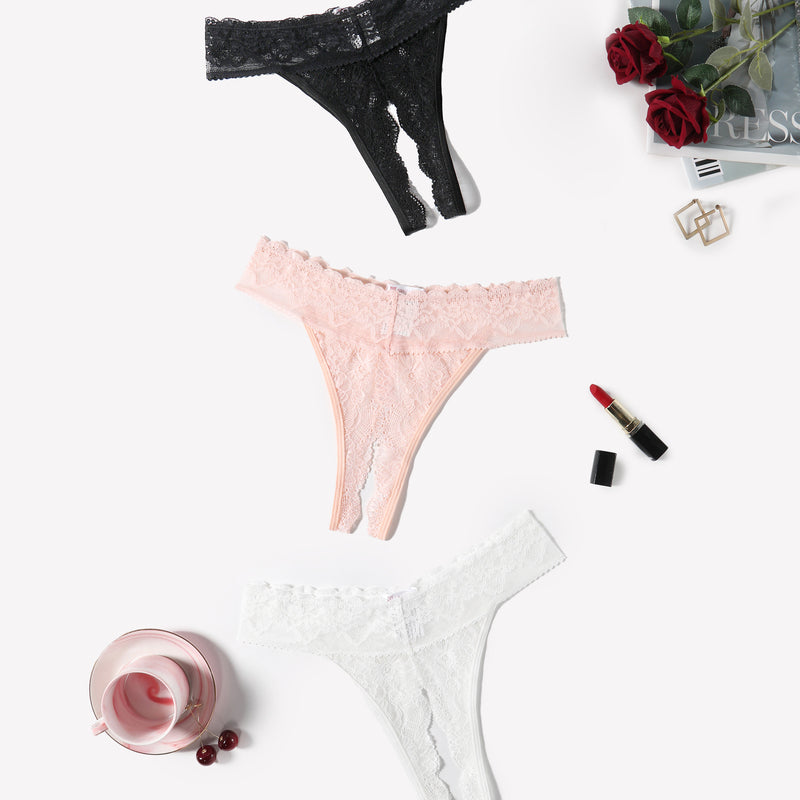 Low Rise T Back Hipster Thong in Black, Pink, and White Lace, perfect for many occasions