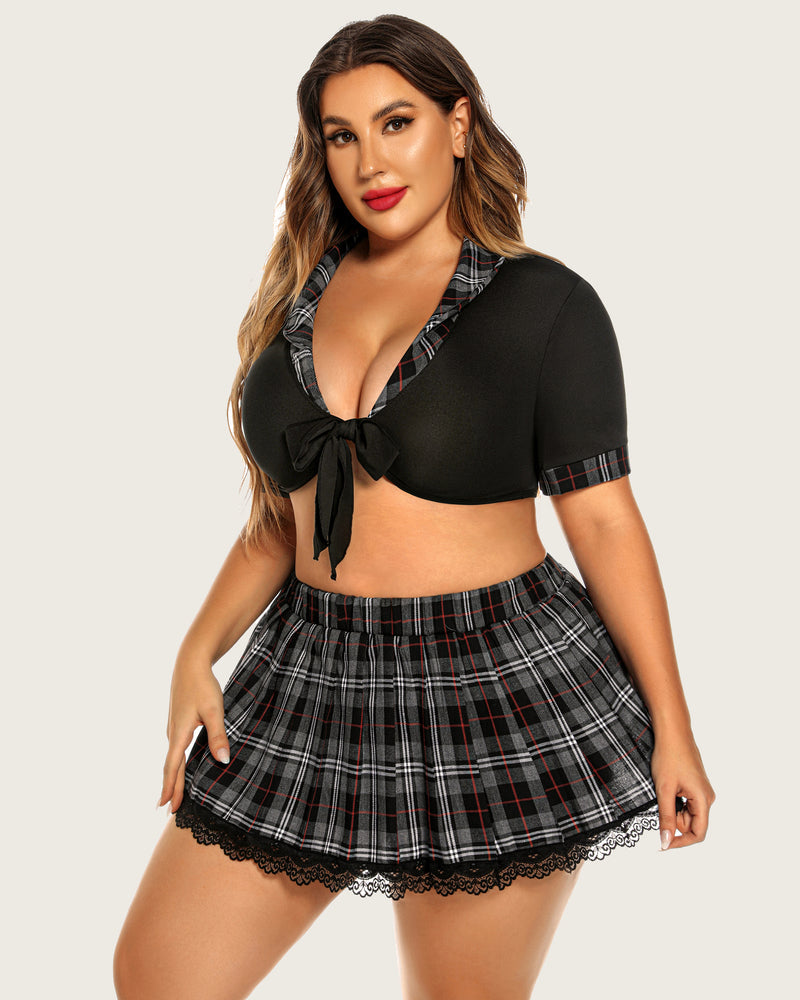 Plus size schoolgirl lingerie set: black tie top, gray plaid mini skirt, lace trim, confident.