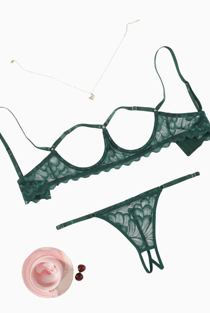 Lace bra and panty set, dark green with scalloped trim and underwire cups.