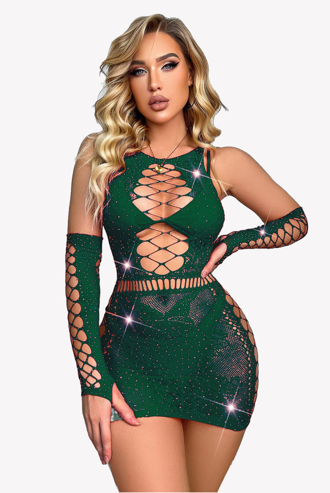 Green rhinestone fishnet chemise with gloves, sexy lingerie for confident women